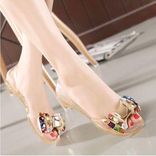 Pvc Open Toe Rhinestones Bow Flats