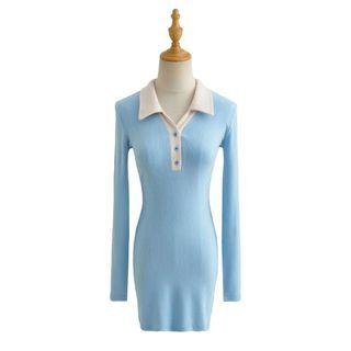 Long-sleeve Contrast Collar Mini Polo Dress