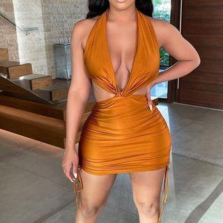 Sleeveless Halter Cut-out Drawstring Bodycon Dress