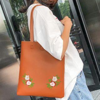 Flower Embroidered Faux Leather Tote Bag