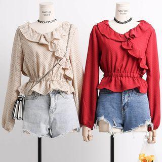 Ruffled-trim V-neck Dotted Blouse