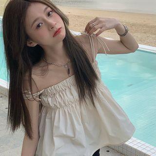 Plain Pleated Tank Top / Plain Ruffle Cardigan Almond - One Size