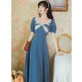 Two-tone Sailor Collar Midi A-line Dress