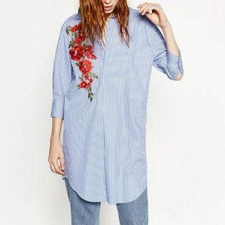 3/4-sleeve Striped Applique Long Blouse