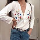 Embroidered Long-sleeve Knit Blouse White - One Size