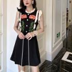 Embroidered Flower Ruffle-trim Dress