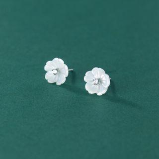Flower Rhinestone Shell Sterling Silver Earring 1 Pair - White - One Size
