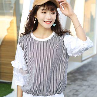 Stripe Panel 3/4-sleeve Blouse