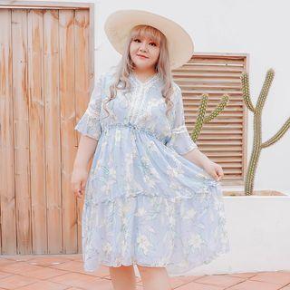 Elbow-sleeve Floral Lace Trim Midi A-line Dress