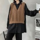Inset Knit Vest Long Sleeve Shirt Black & Brown - One Size