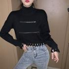 Turtleneck Tasseled Cropped Pullover Black - One Size
