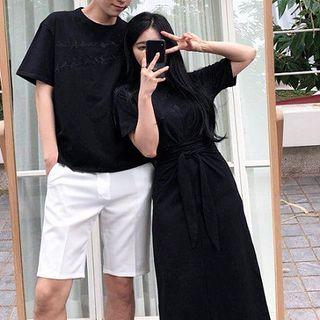 Couple Matching Plain Embroidered Short-sleeve Shirt / Lace-up Short-sleeve Dress