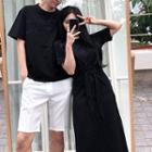Couple Matching Plain Embroidered Short-sleeve Shirt / Lace-up Short-sleeve Dress