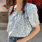 Short-sleeve Floral Print Top Blue - One Size