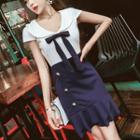 Bow Two-tone Short-sleeve Sheath Dress