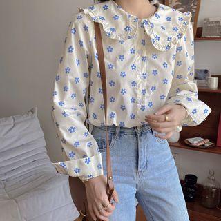 Long-sleeve Floral Printed Blouse Floral - One Size