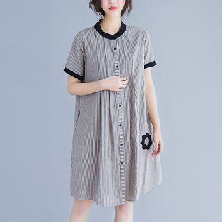 Short-sleeve Striped Shirt Dress Stripe - Black & White - One Size