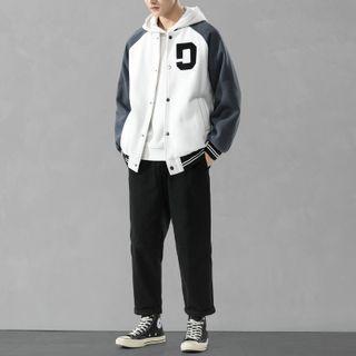 Set: Long-sleeve Color-block Printed Bomber Jacket / Long-sleeve Plain Hoodie / Plain Pants
