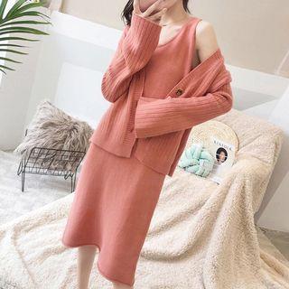 Set: Sleeveless Midi Knit Dress + Buttoned Cardigan