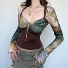 Bell-sleeve V-neck Tie-front Floral Print Paneled Vintage Crop Top