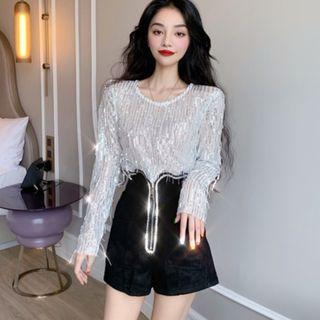Sequined Fringed Long-sleeve Mesh Top / Rhinestone Zip-up Hot Pants