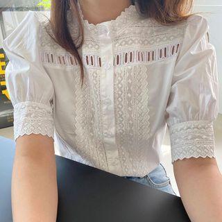 Short-sleeve Eyelet Lace Trim Blouse As Shown In Figure - One Size