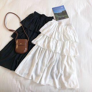 Plain High-waist Tiered Midi Skirt