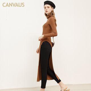 Turtleneck Asymmetric Long Ribbed T-shirt
