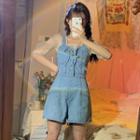 Elbow-sleeve Sheer Top / Denim Romper