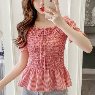 Balloon-sleeve Gingham Smocked Blouse