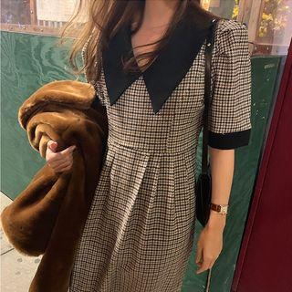 Short-sleeve Plaid Midi A-line Dress Plaid - One Size