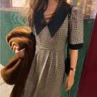 Short-sleeve Plaid Midi A-line Dress Plaid - One Size