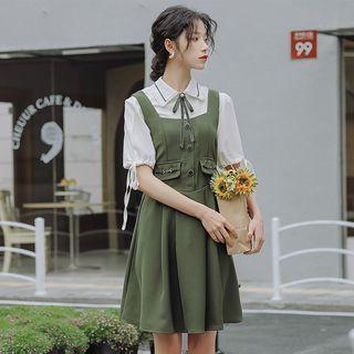 Set: Elbow-sleeve Shirt + Overall A-line Dress