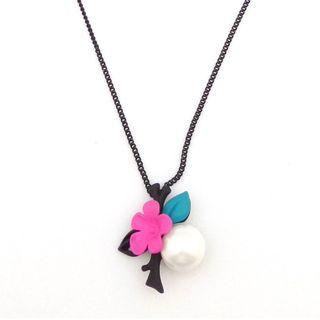 Black Long Necklace W/ Pearl & Flower Pendants Black - One Size