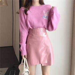 Rabbit-embroidered Knit Sweater / Faux-leather A-line Skirt