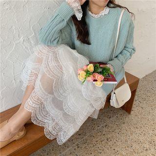 Mock-turtleneck Ruffled Lace Top / Plain Sweater / Midi Lace Layered Skirt