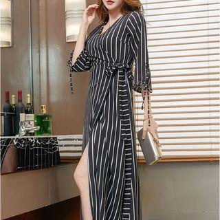 3/4-sleeve Striped A-line Maxi Dress