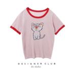 Short-sleeve Cat Embroidered Knit T-shirt
