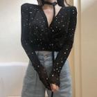 V-neck Star Print Long-sleeve T-shirt Black - One Size