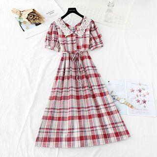 Tie-waist Lace Collared Plaid Maxi A-line Dress