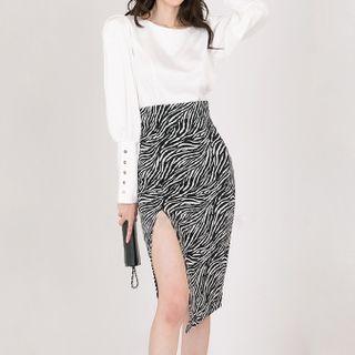 Set: Puff-sleeve Blouse + Zebra Print Slit Pencil Skirt