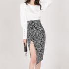 Set: Puff-sleeve Blouse + Zebra Print Slit Pencil Skirt