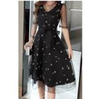 Elbow-sleeve Star Embroidered Mesh A-line Dress