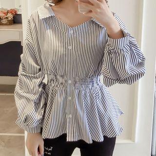 Collared Puff-sleeve Peplum Top