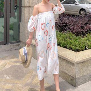 Elbow-sleeve Heart Print Midi Dress As Shown In Figure - One Size