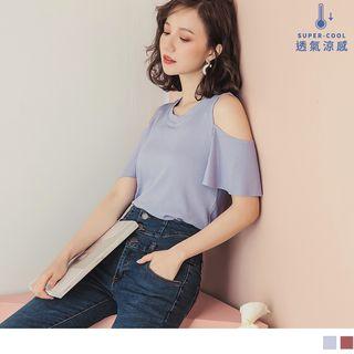 Cutaway-shoulder Knit Short-sleeve Top