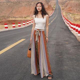 High-waist Patterned Split Wide-leg Pants