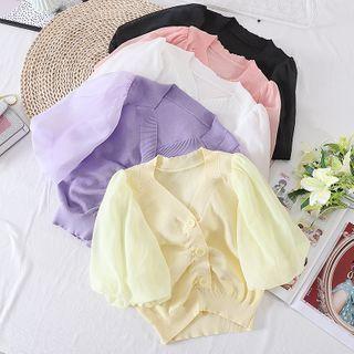 Puff-sleeve Single-breasted Knit Top