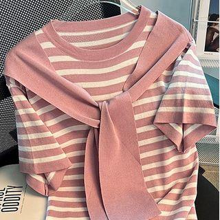 Short-sleeve Tie-front Striped Knit Top