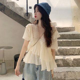 Lace Panel Short-sleeve Blouse As Shown In Figure - One Size